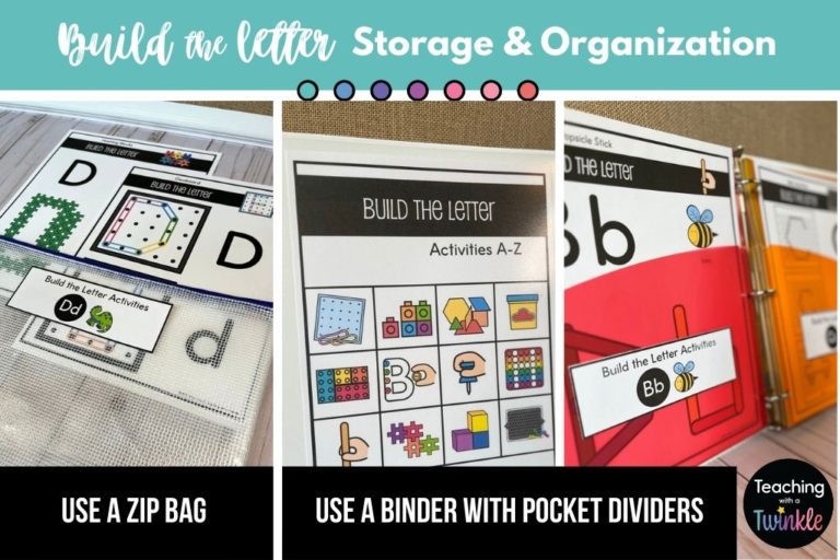 Organizational ideas for build the letter resources. Zipper pouch for each letter. Binder with pocket dividers for each letter.