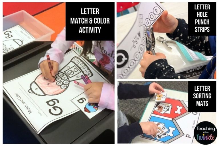 Picture collage. Student doing letter match and color activity. Student using a hole punch. student sorting letters.