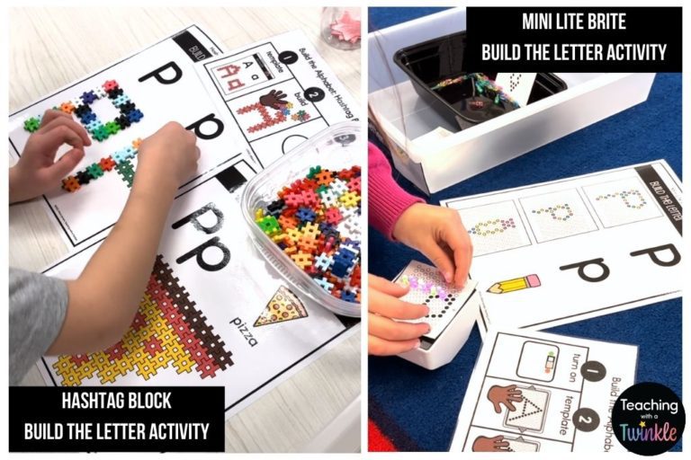 Picture collage. Student doing hashtag block activity. Student doing mini lite brite activity.