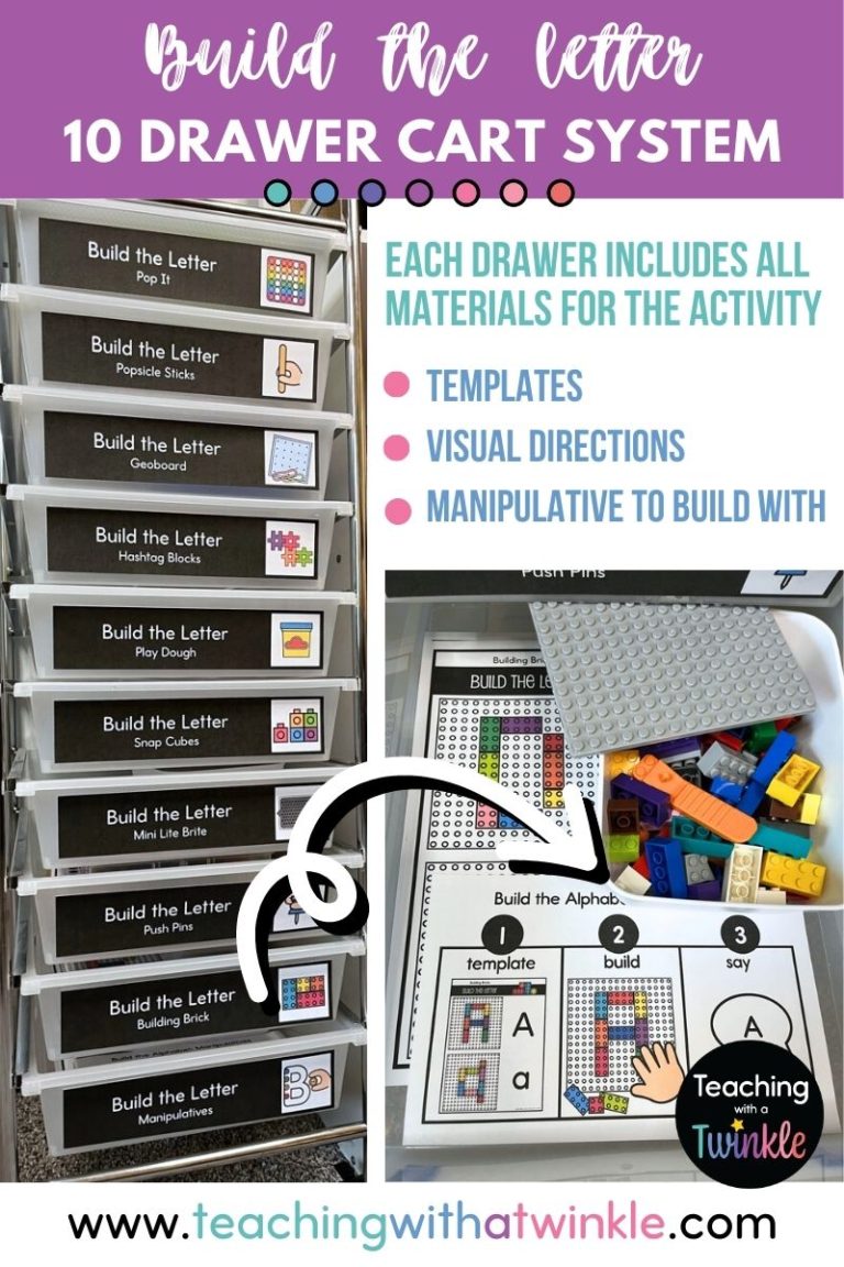 10 drawer cart system for build the letter activities. One build a letter activity in each drawer.