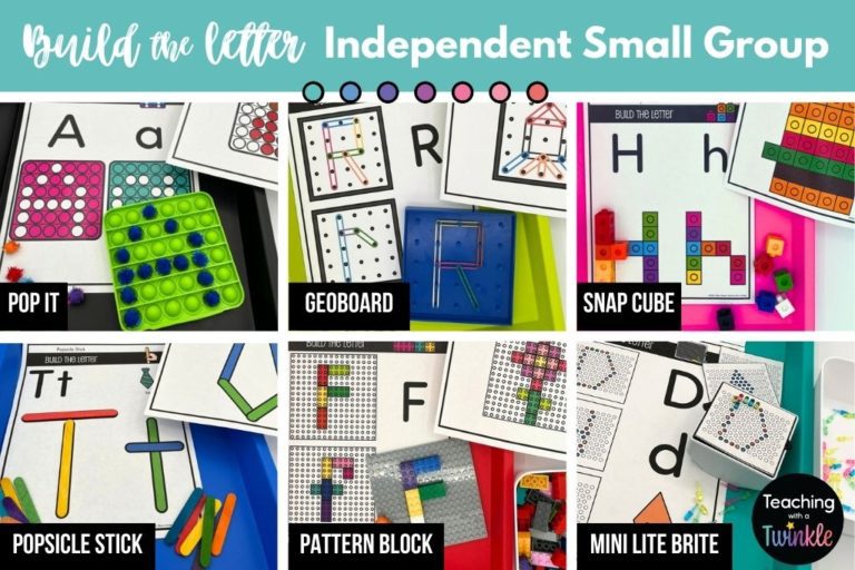 Build the letter activities. Pop it, geoboard, snap cube, popsicle stick, building brick, mini lite brite