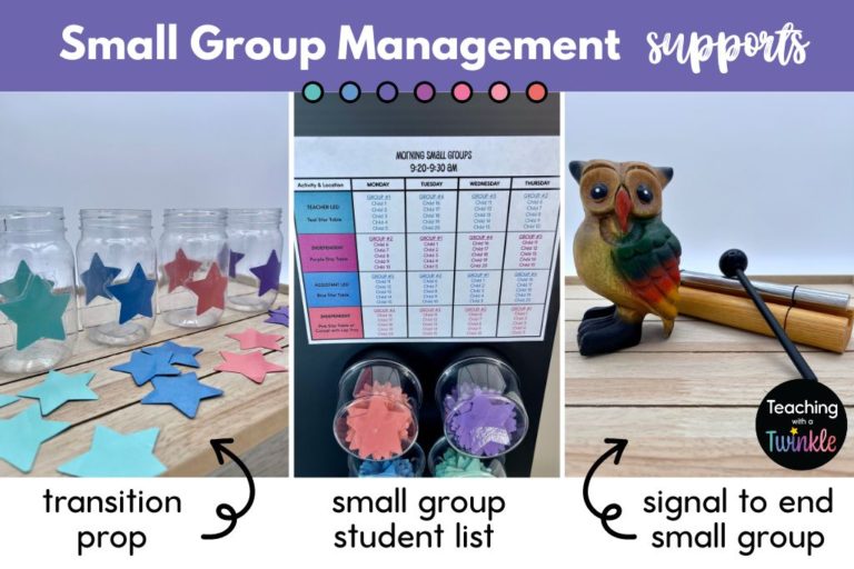 classroom management for small groups. Stars for transition prop, small group student list, and a whistle or chime to end small group.