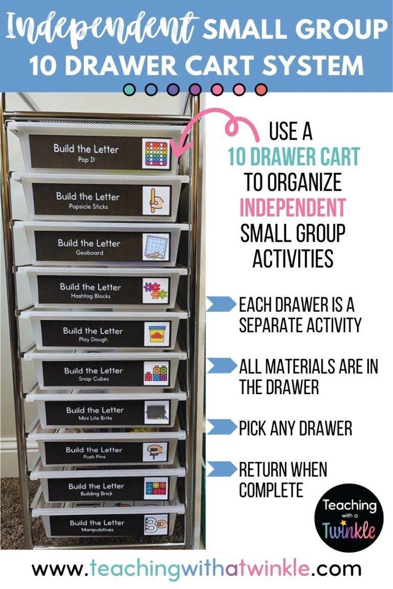 Independent small group 10 drawer cart system. Image of a 10 drawer cart with a different activity in each drawer.