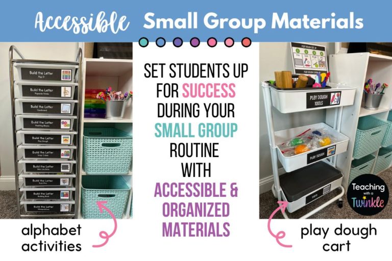 Accessible Small Group Materials. Picture of 10 drawer cart with alphabet activities and a picture of a 3 tiered cart with play dough materials.