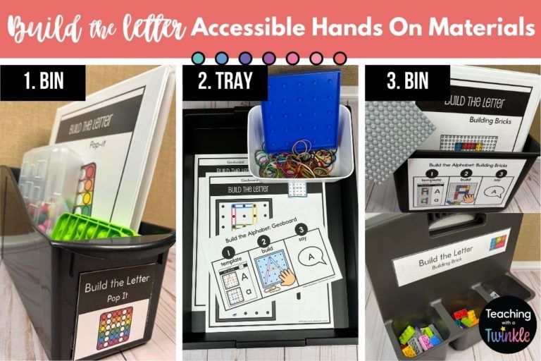 Ways to organize materials for build the letter activities. In a book bin, on a tray, in a bin with multiple compartments.