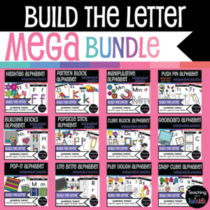 Build the letter mega bundle product thumbnail. 12 hands on alphabet activities pictured.