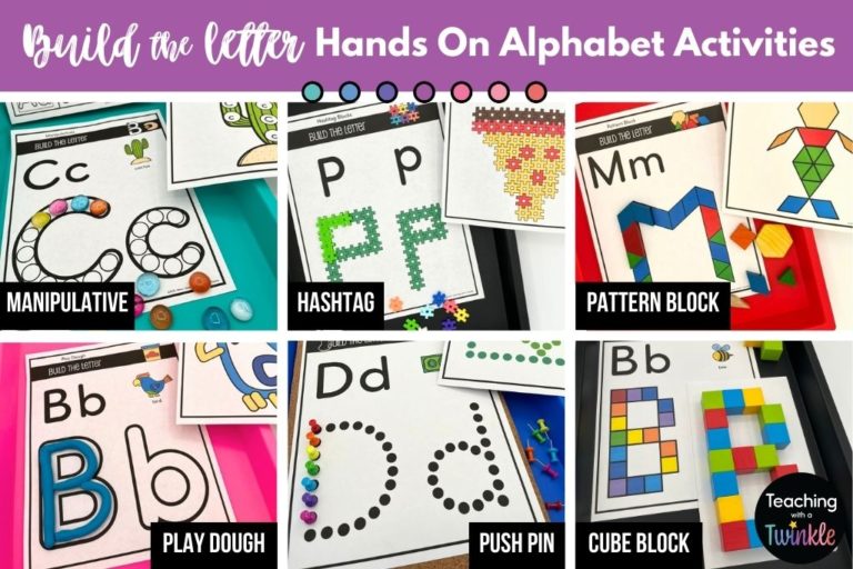 Build the letter activities. Manipulative, hashtag block, pattern block, play dough, push pin, cube block.