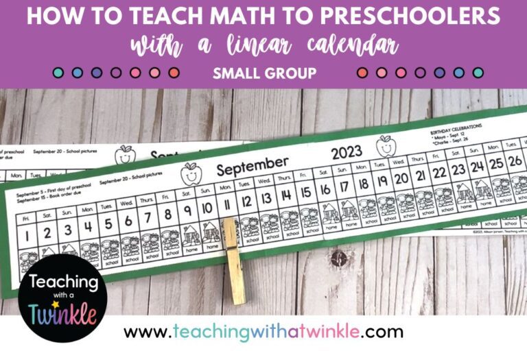 Title: How to Teach Math to Preschoolers with a linear calendar small group. Image of a paper linear calendar.